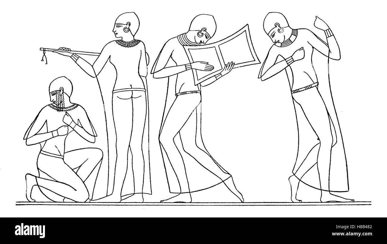 Musiciens et danseurs dans l'Egypte antique, 19e dynastie, Thèbes, c. 1200 avant J.-C., histoire de la mode, des costumes story Banque D'Images