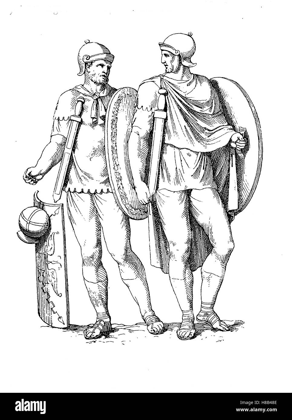 Soldats de l'épée et le bouclier en costume romain antique, histoire de la mode, des costumes story Banque D'Images