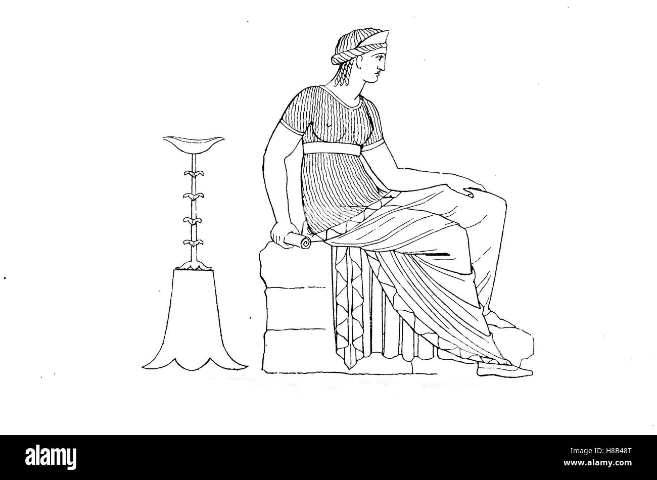 Robes femme à l'ancienne avec un pli étroit et régulier, d'après une peinture de vase Grec, histoire de la mode, des costumes story Banque D'Images