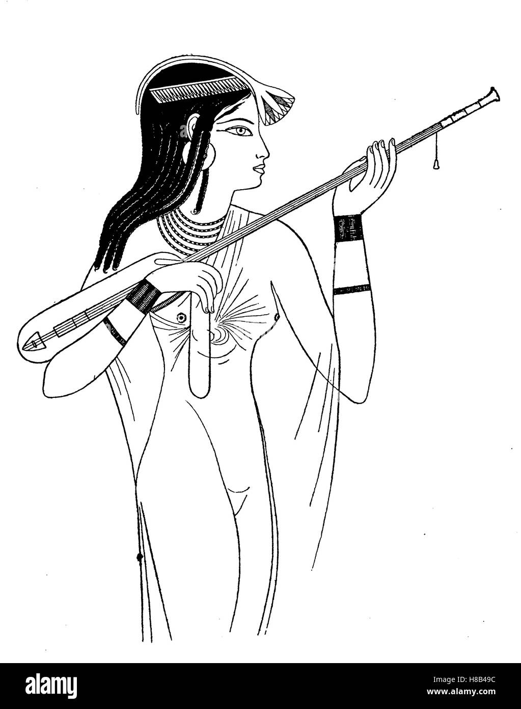 L'Egypte ancienne, Musicien fille aux cheveux tressés et fleur de lotus, 18e dynastie, histoire de la mode, des costumes story Banque D'Images