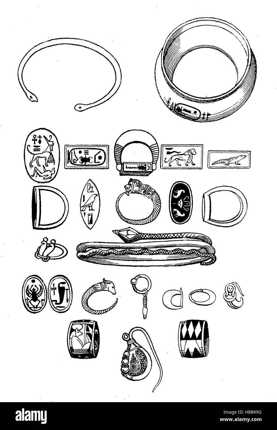 L'Egypte ancienne, bijoux, bracelets, bagues, boucles d'oreilles, 18e dynastie, histoire de la mode, des costumes story Banque D'Images