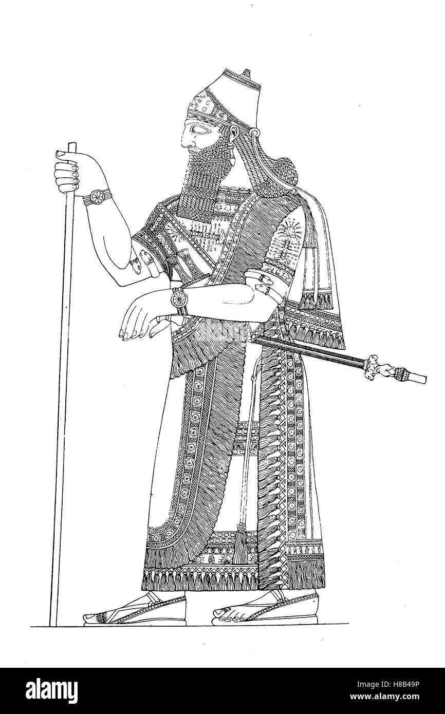 Roi assyrien en Full Regalia, histoire de la mode, des costumes story Banque D'Images