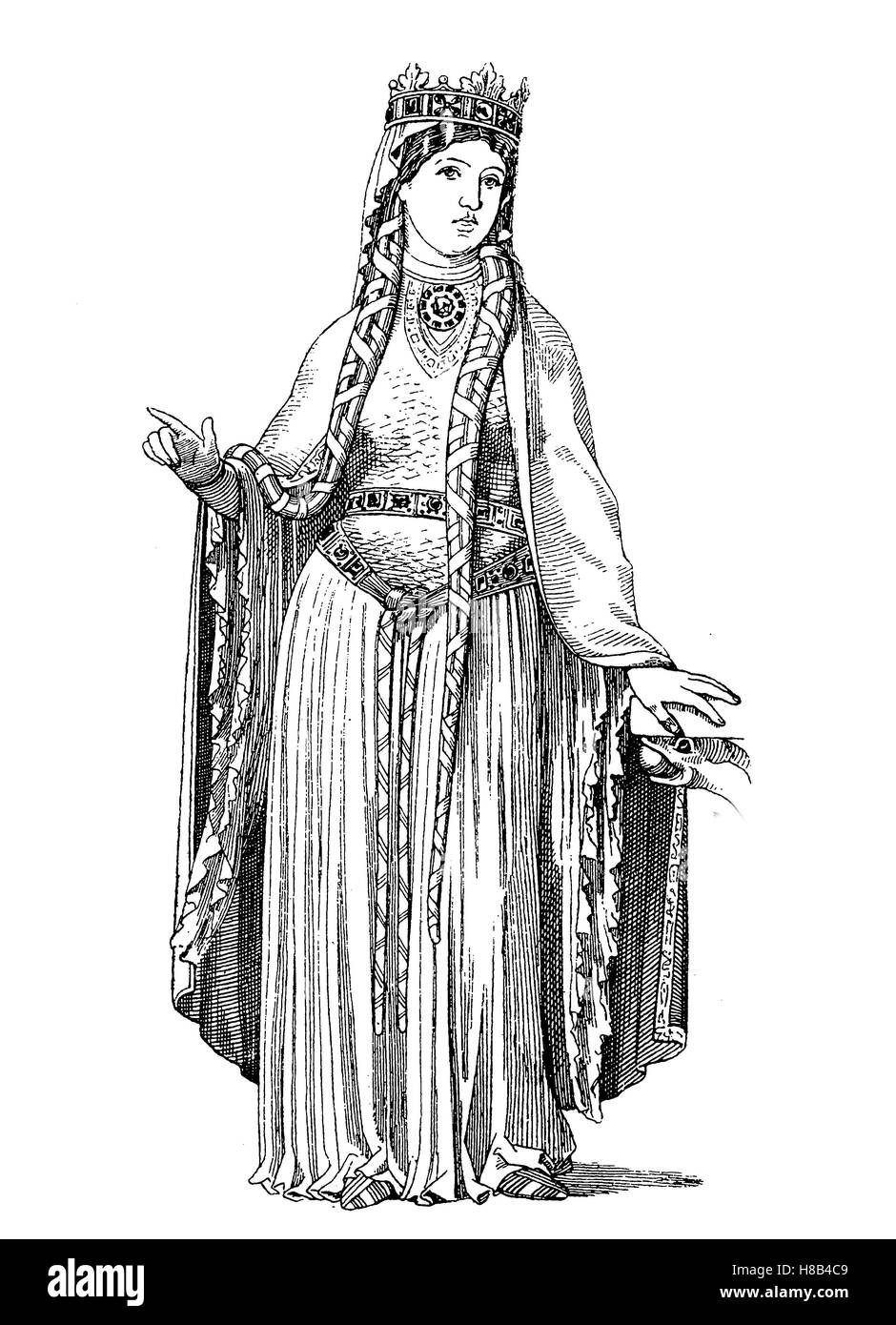 Dame française de tuniques, manches longues et jupe serrée, début 12. siècle, Histoire de la mode, des costumes story Banque D'Images