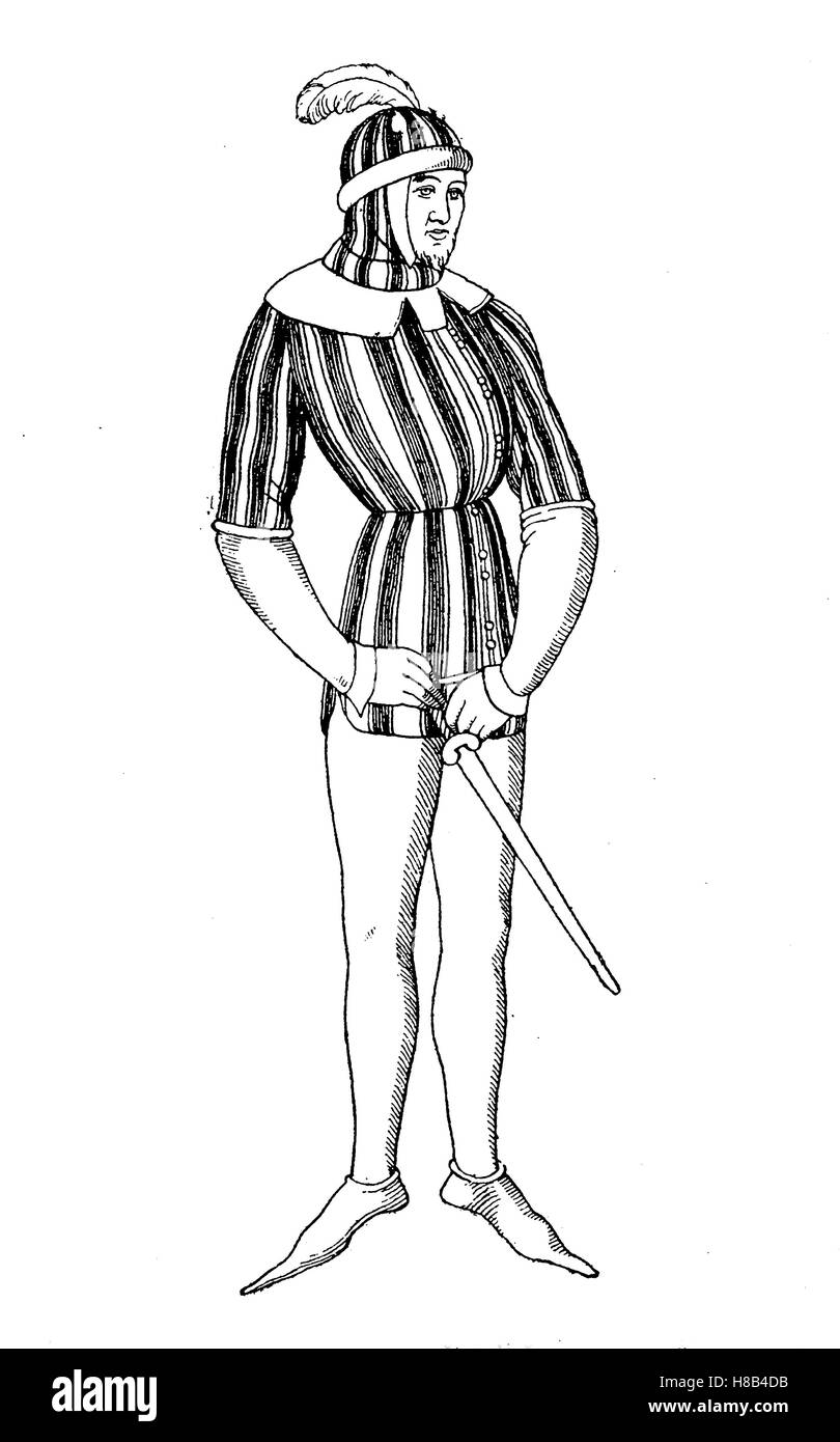 Sublime avec des hommes et des couleurs colorées Gugel, un gugel était un type de hotte avec un point de fuite, populairement portés dans l'Allemagne médiévale, France, ca 1360, histoire de la mode, des costumes story Banque D'Images