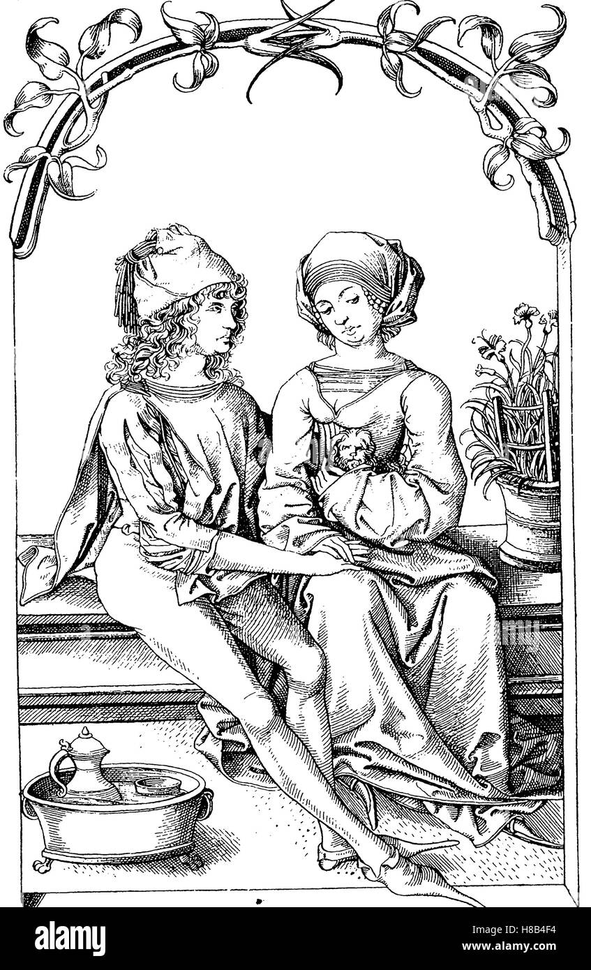 Costume mode allemande dans le 15. siècle, avec Crakows crackowes ou ont un style de chaussures avec de très longs doigts très populaire dans le 15e siècle, enger Beinkleidung entblössten, Armen, histoire de la mode, des costumes story Banque D'Images