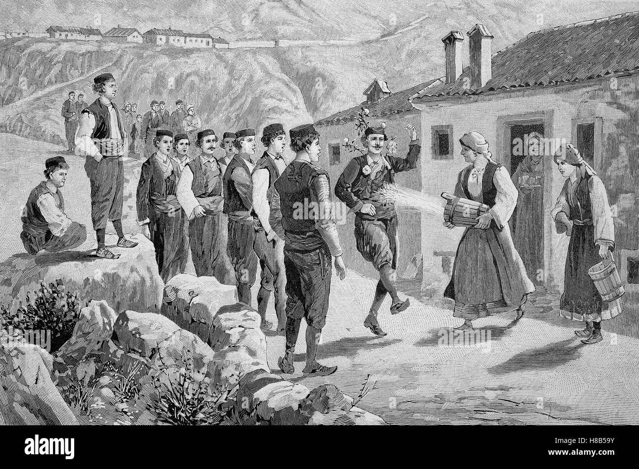 La célébration de la pluie en chantant dans la Dalmatie, gravure sur bois de 1892 Banque D'Images