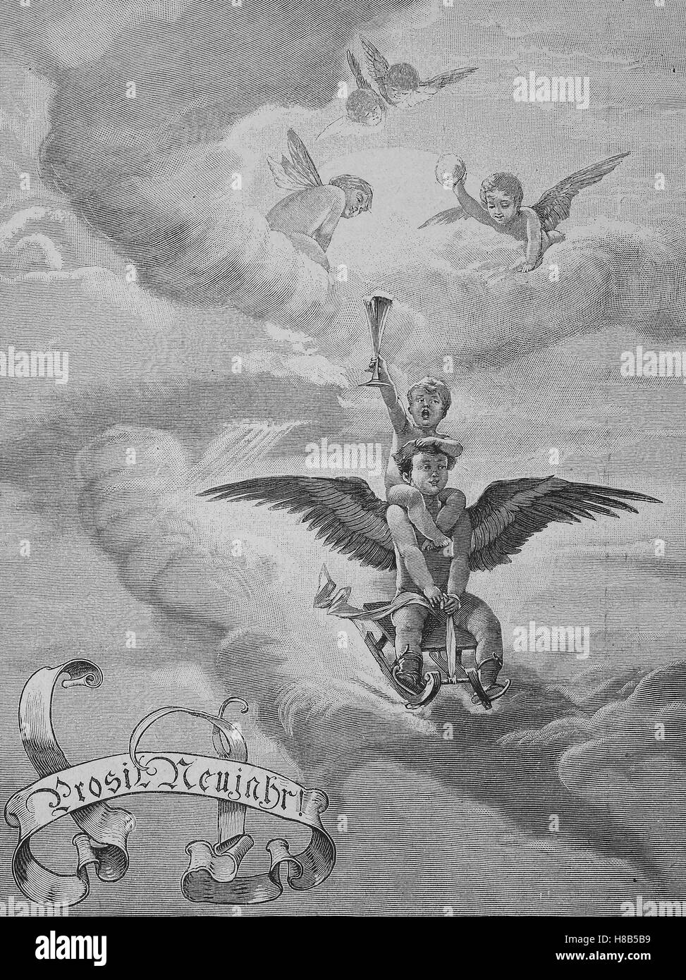 Bonne année illustration avec les anges dans le ciel, gravure sur bois de 1892 Banque D'Images