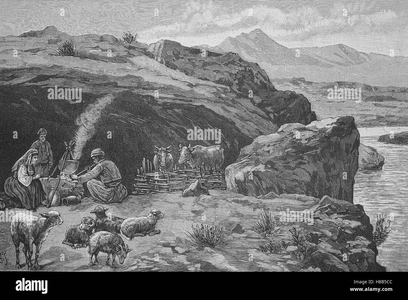 Troglodytisme des bergers dans la région de Dalmatie, gravure sur bois de 1892 Banque D'Images