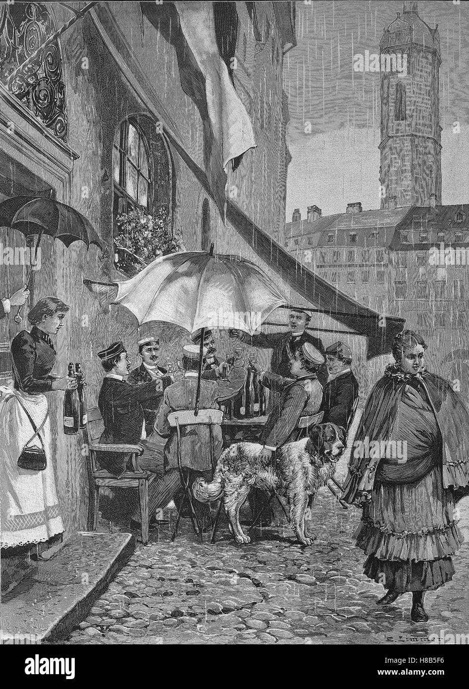 Jour de pluie en face d'une taverne à Jena, Allemagne, gravure sur bois de 1892 Banque D'Images
