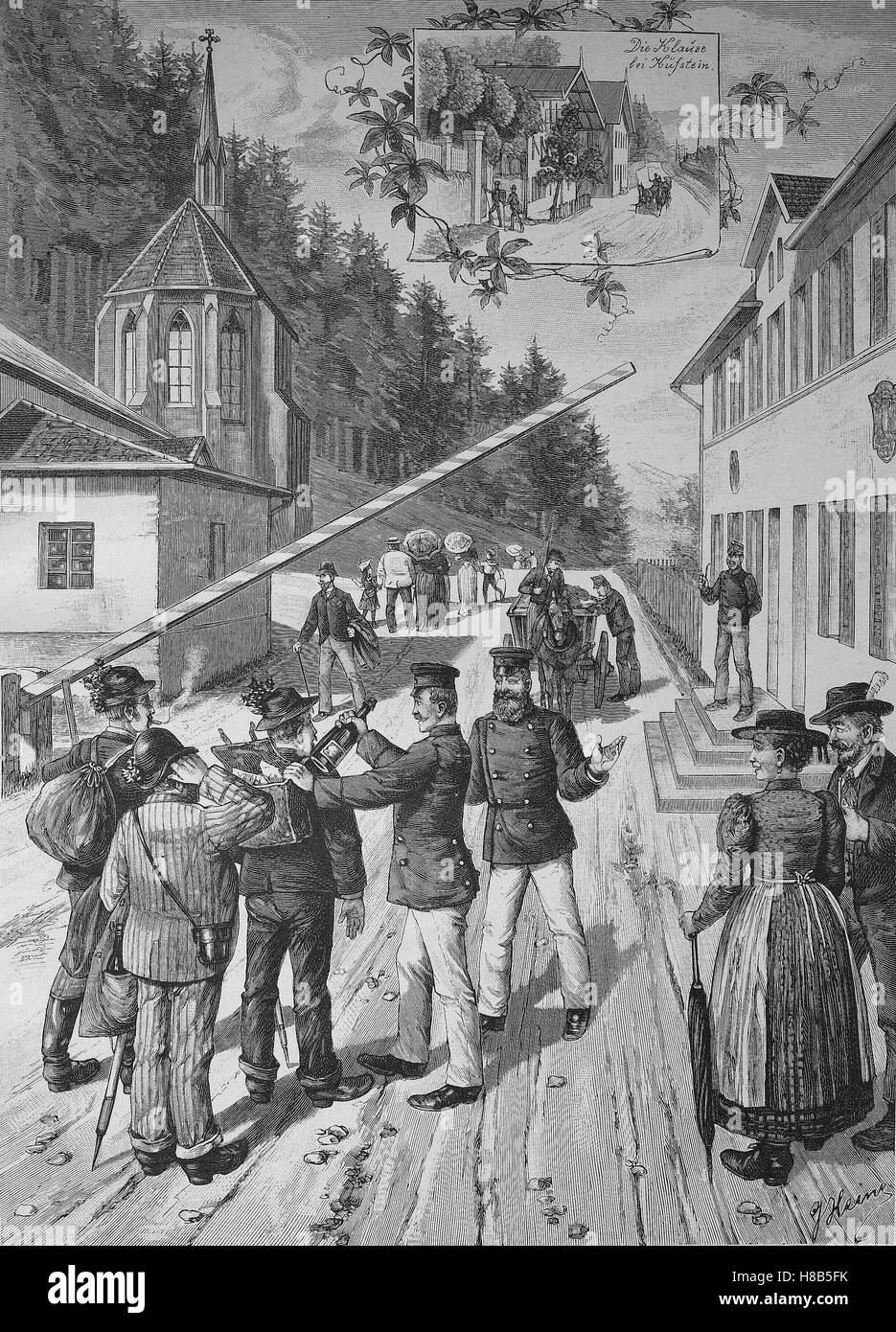 En tant que vin faussaires pris excursionnistes sur la frontière bavaroise à Kufstein, gravure sur bois de 1892 Banque D'Images