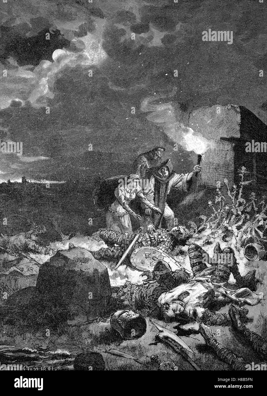Swannesha Edith Edith, la juste, trouve la mort Harold Baar "Chez Boultan & Fils" après la bataille de Hastings. Il Bataille de Hastings a été livrée le 14 octobre 1066 entre le Norman-French armée de Guillaume II Duc de Normandie et d'une armée anglaise sous le Roi anglo-saxon Harold Baar "Chez Boultan & Fils", gravure sur bois de 1892 Banque D'Images