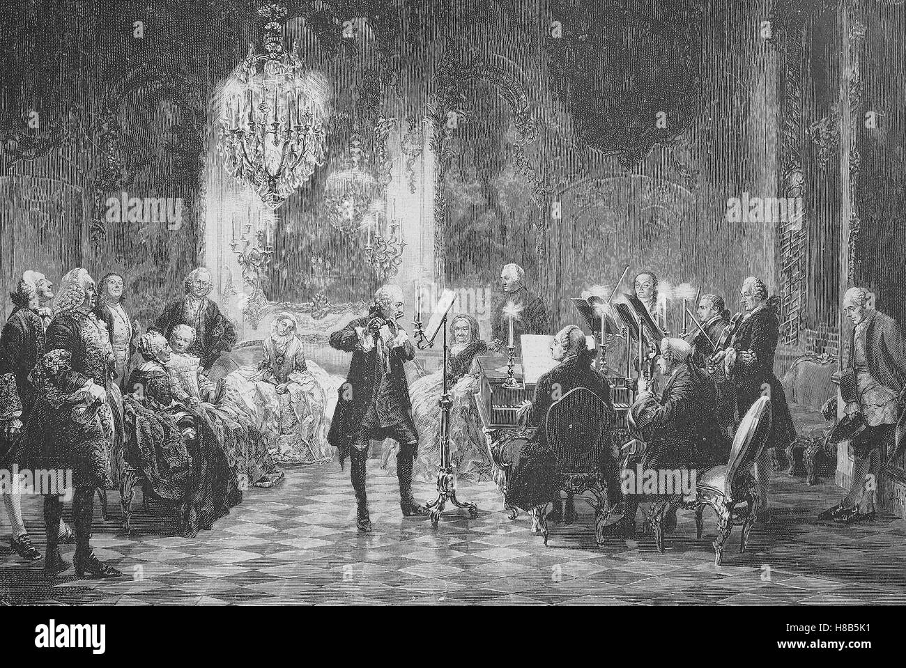 Concerto pour flûte, Sanssouci Potsdam, Allemagne, gravure sur bois de 1892 Banque D'Images