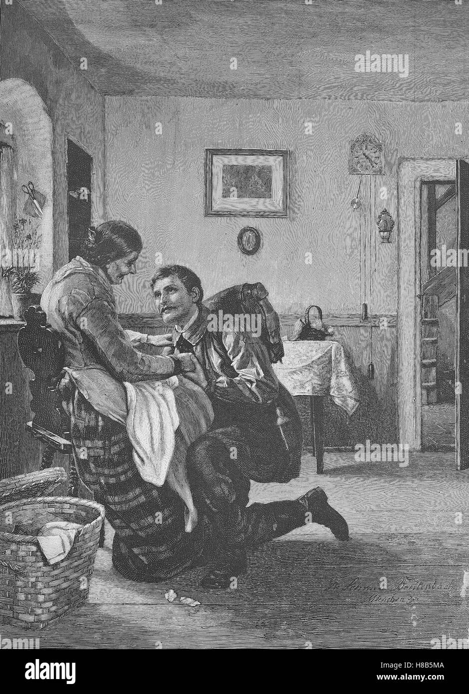 Soldat est arrivé de l'étranger et a salué sa mère, gravure sur bois de 1892 Banque D'Images