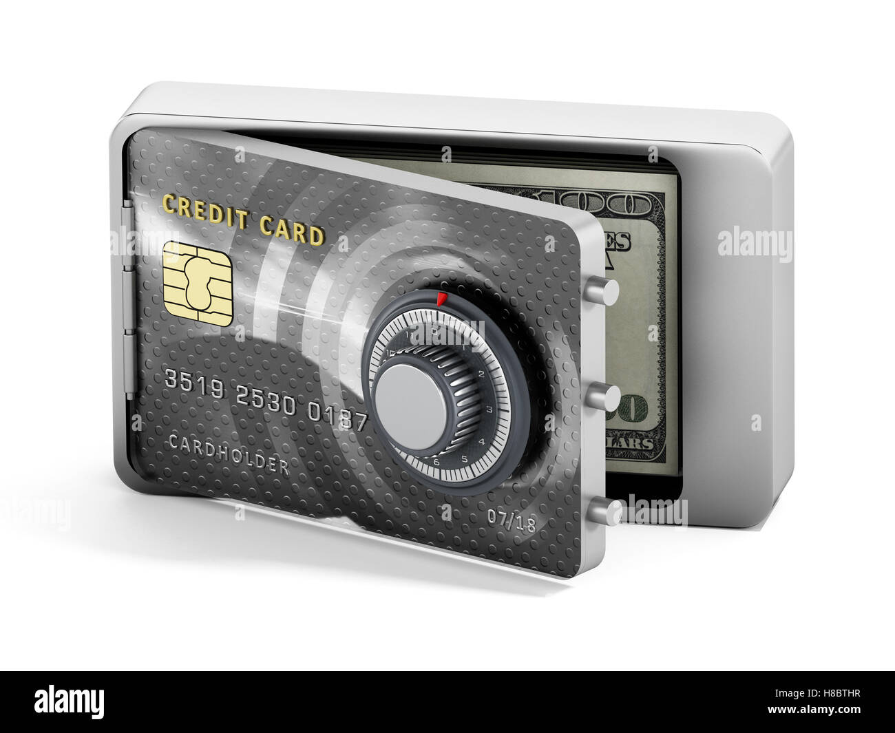 Ouvert à moitié en forme de carte de crédit en toute sécurité en acier. 3D illustration. Banque D'Images