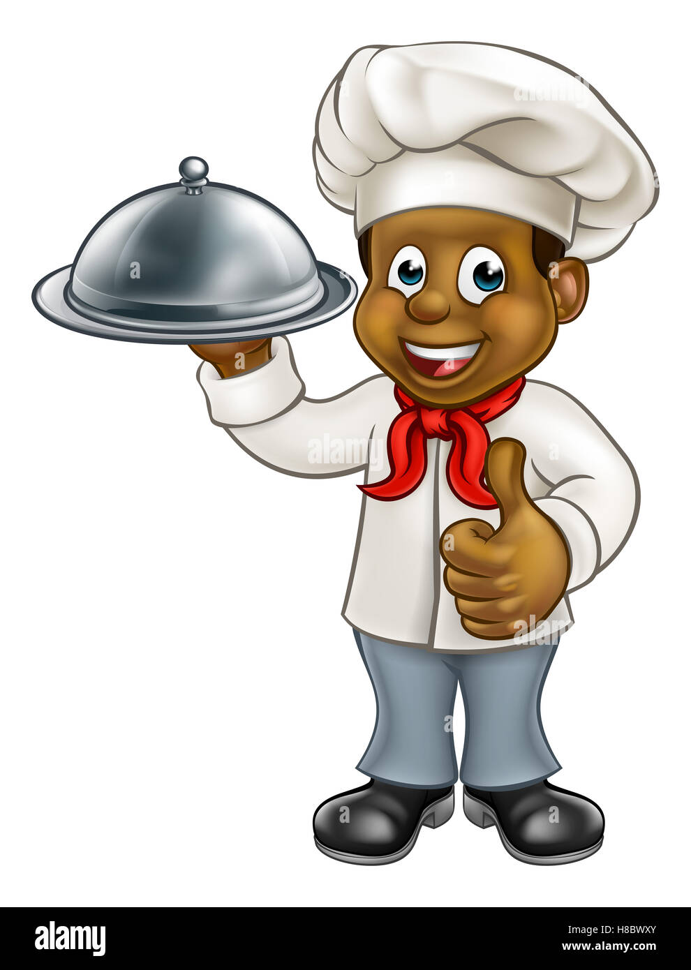 Noir dessin animé ou chef Baker tenant une cloche d'argent plaque food platter et giving Thumbs up Banque D'Images