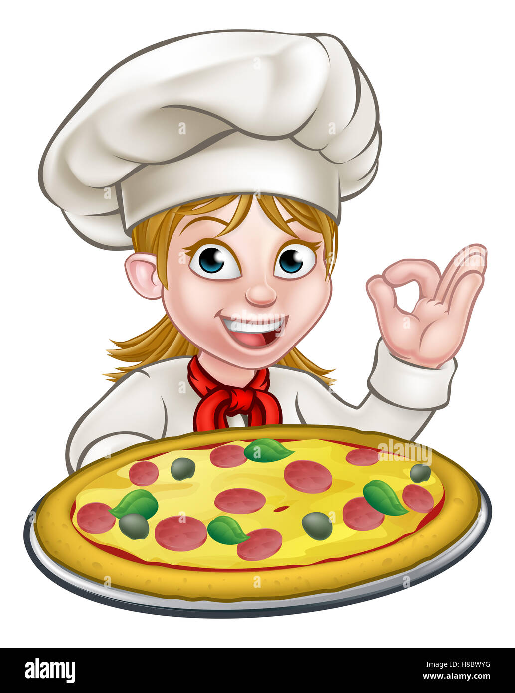 Cartoon female woman caractère chef holding a pizza et donnant un bon geste cook delicious parfait Banque D'Images
