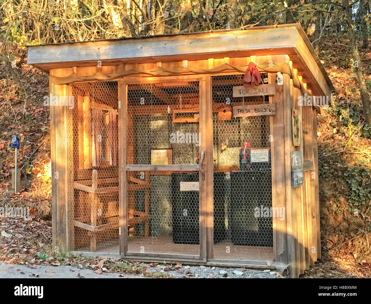 Un petit hangar en bordure qui est utilisé pour vendre des œufs frais et des légumes de saison. Banque D'Images