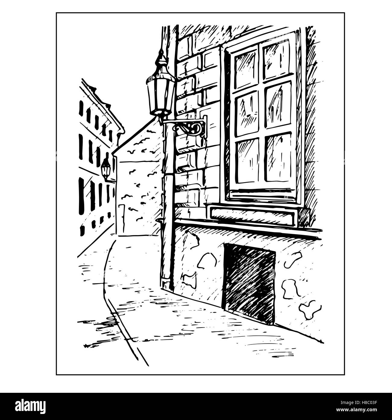 Rue de la vieille ville. Fenêtre et lanterne. Croquis dessinés à la main, Illustration de Vecteur