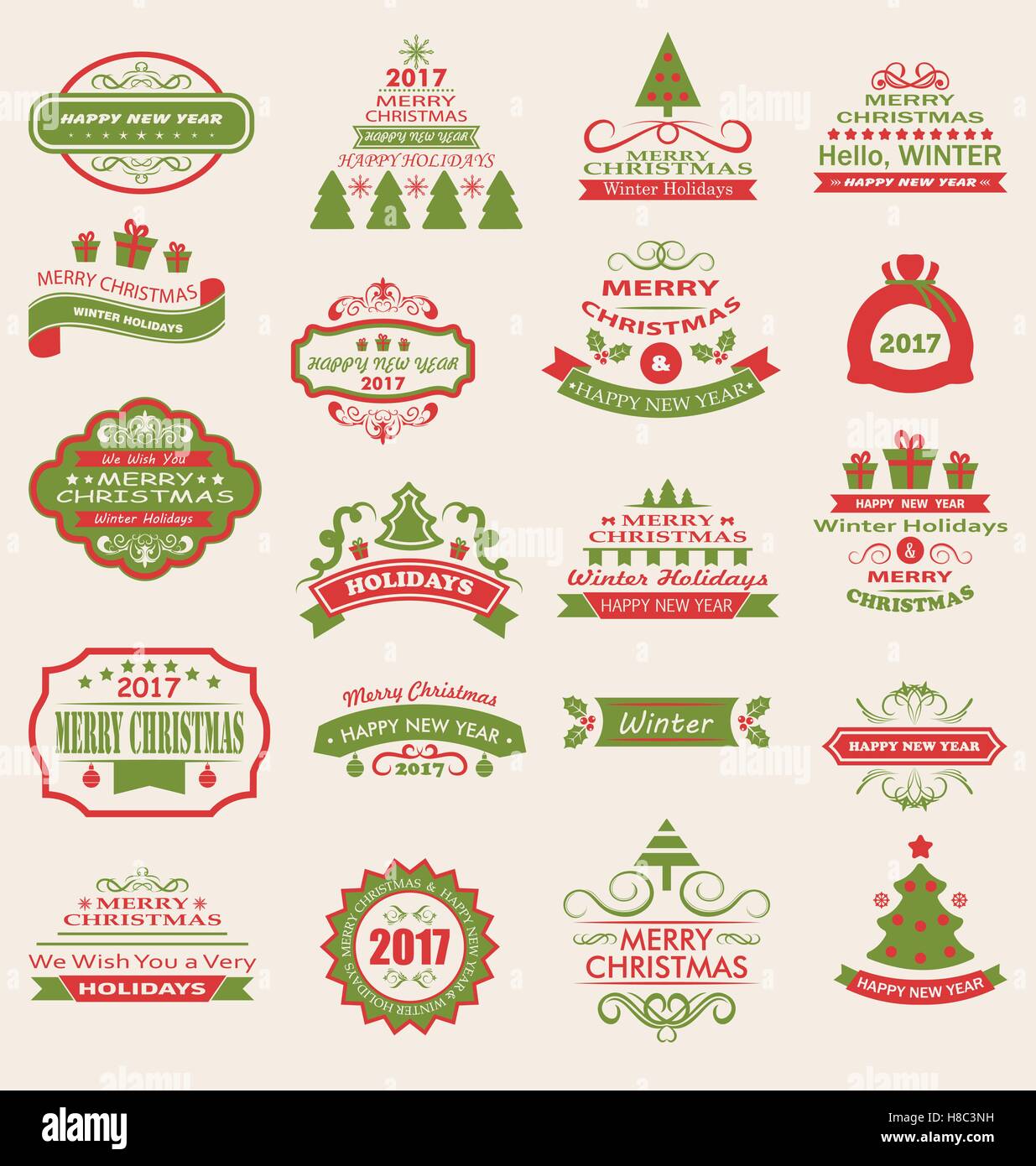 Illustration Joyeux Noël et de bonnes vacances. Éléments typographiques, collection étiquettes vintage, des cadres, des ornements - Vec Illustration de Vecteur