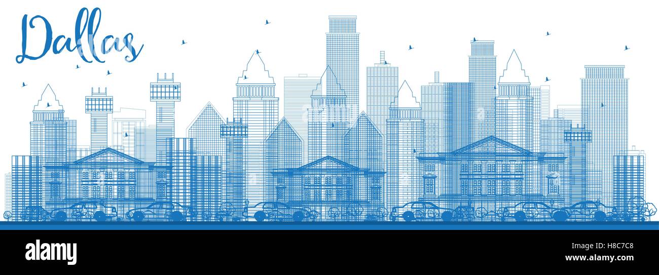 Contours Dallas Skyline bleu avec les bâtiments. Vector Illustration. Les voyages d'affaires et tourisme Concept avec l'architecture moderne. Illustration de Vecteur