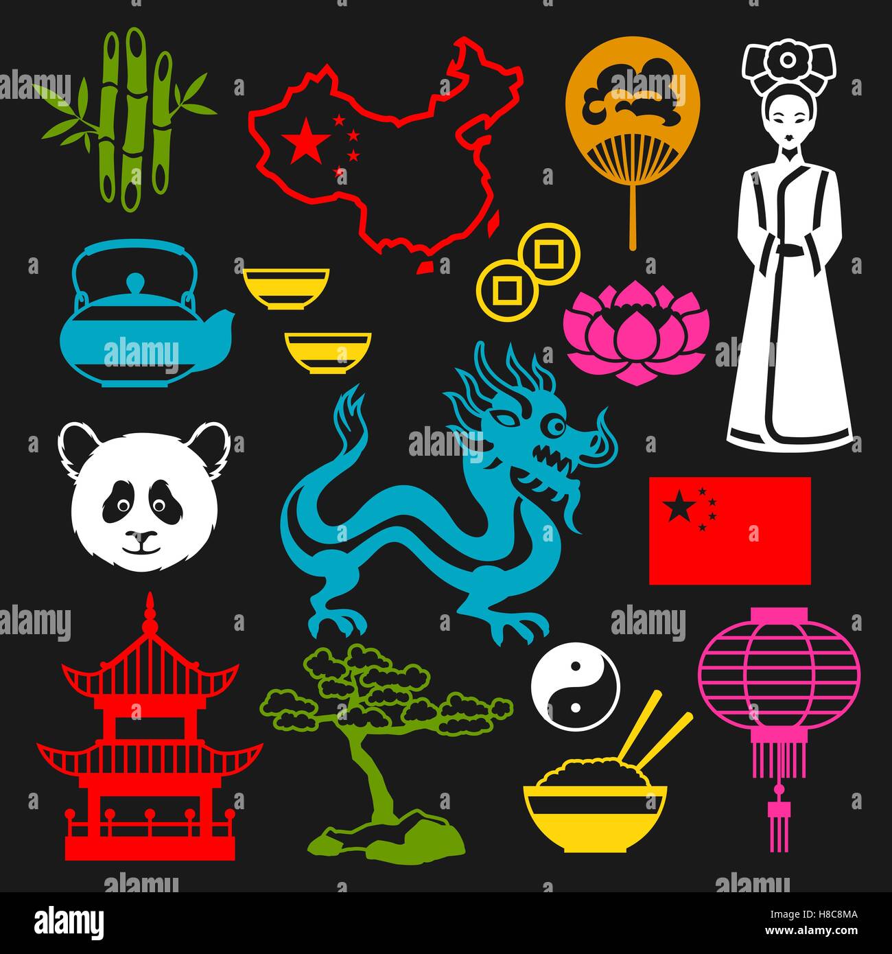 Chine icons set. Symboles chinois et d'objets Illustration de Vecteur