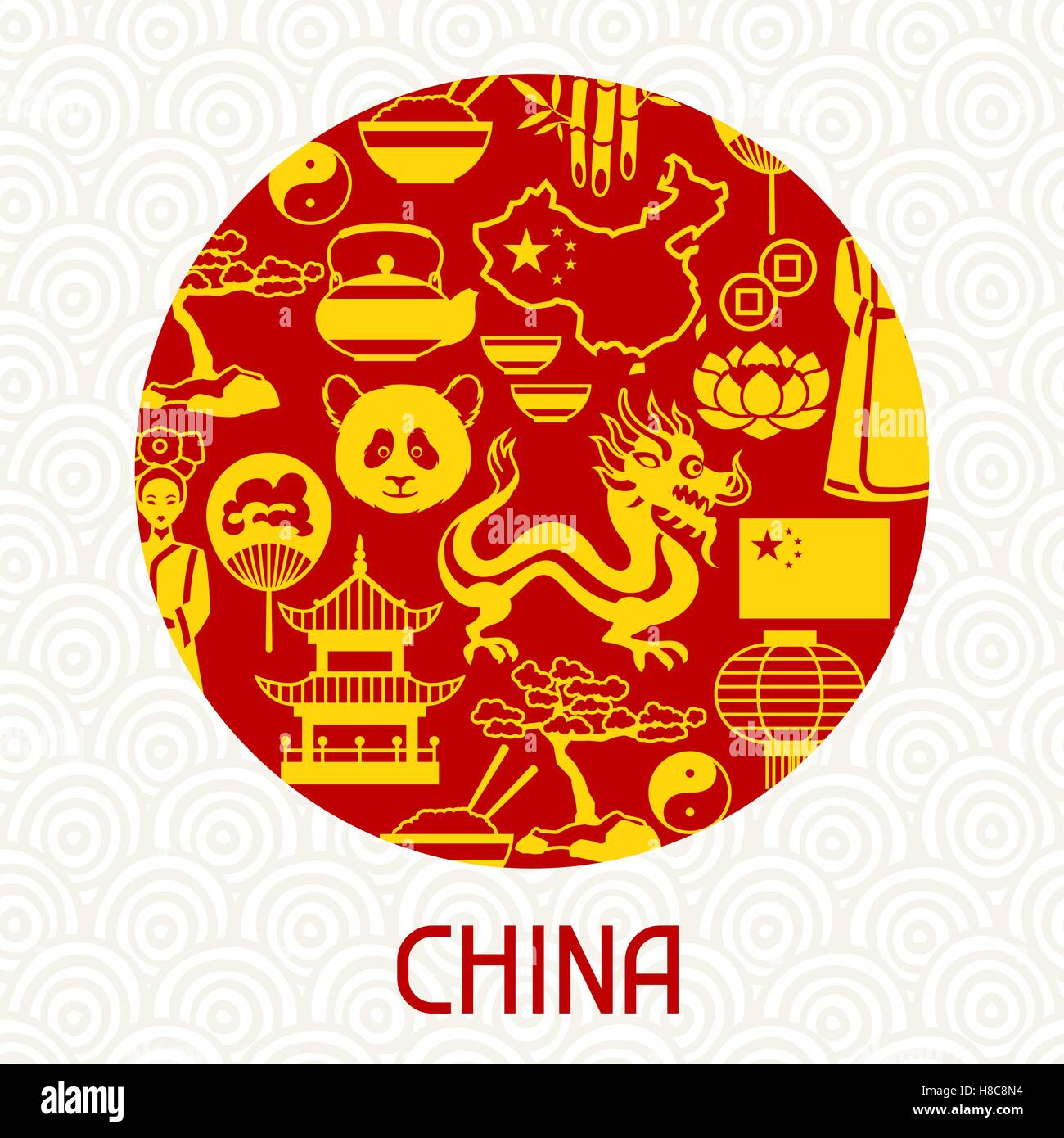 Conception de carte de la Chine. Symboles chinois et d'objets Illustration de Vecteur