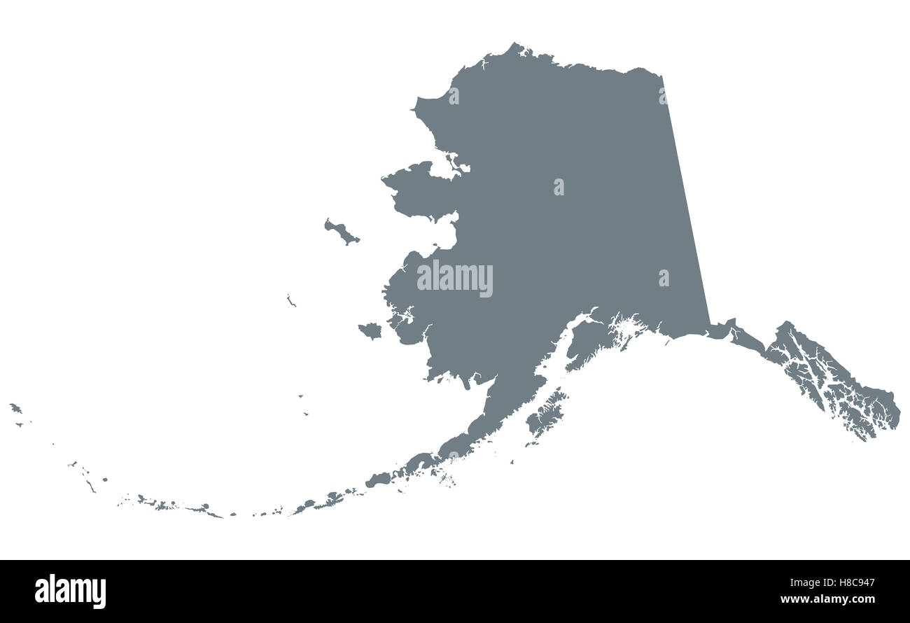 Silhouette de l'Alaska. État des États-Unis dans le nord-ouest de l'Amérique. Illustration de couleur gris foncé sur fond blanc. Banque D'Images