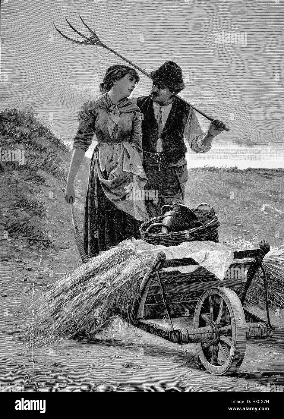 Couple de paysans sur le chemin du retour de la récolte, gravure sur bois de 1892 Banque D'Images