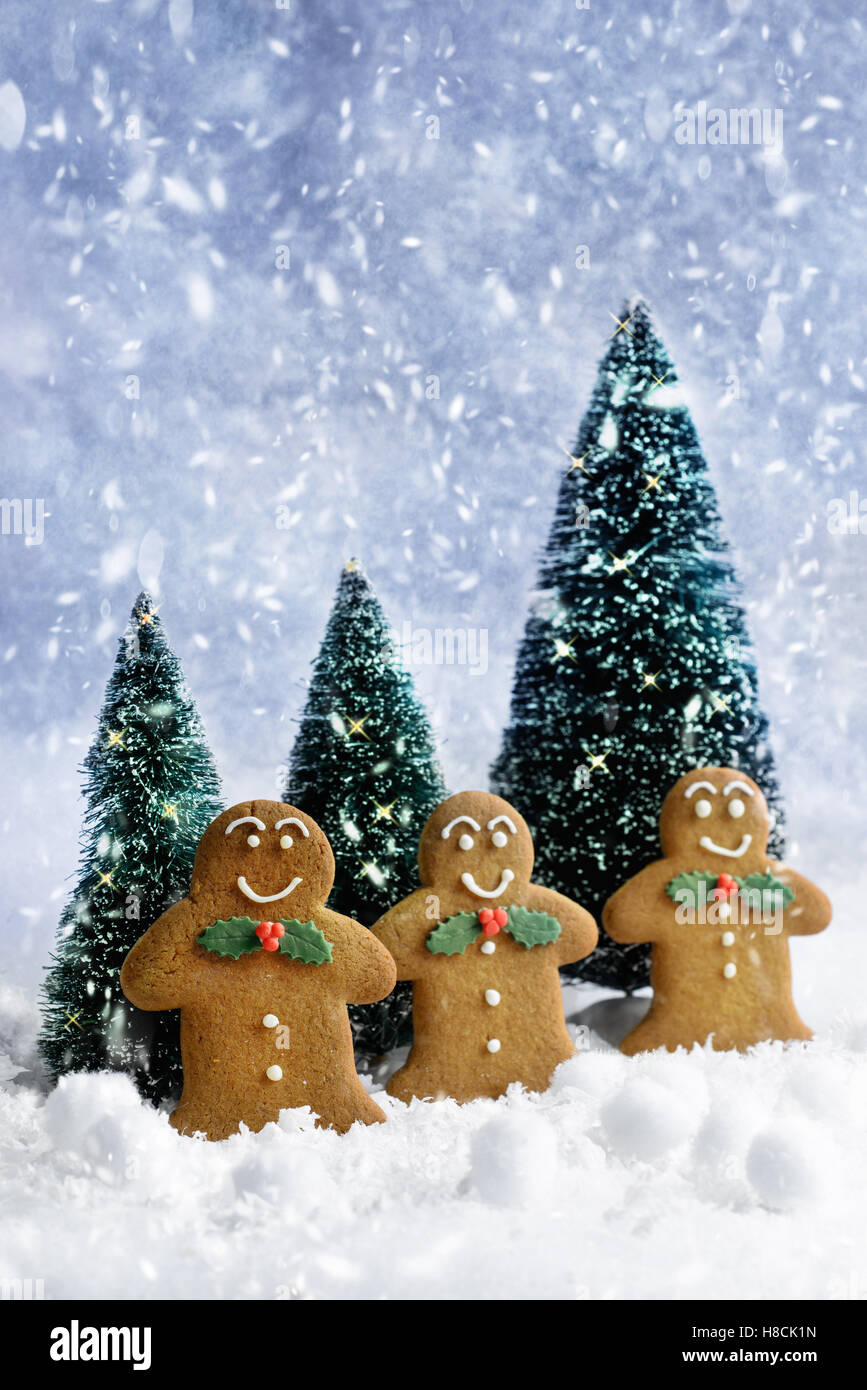 Gingerbread cookies à Noël dans la neige Banque D'Images
