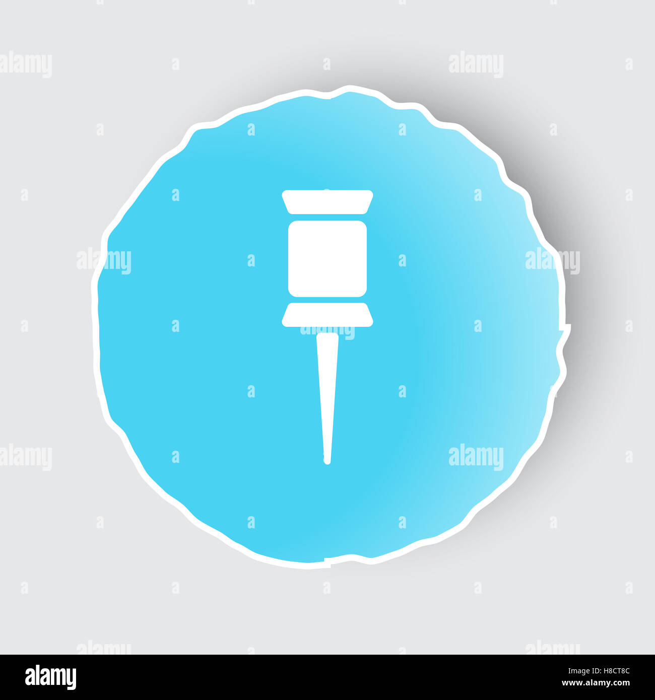 Bouton bleu avec l'icône punaise sur blanc. Banque D'Images