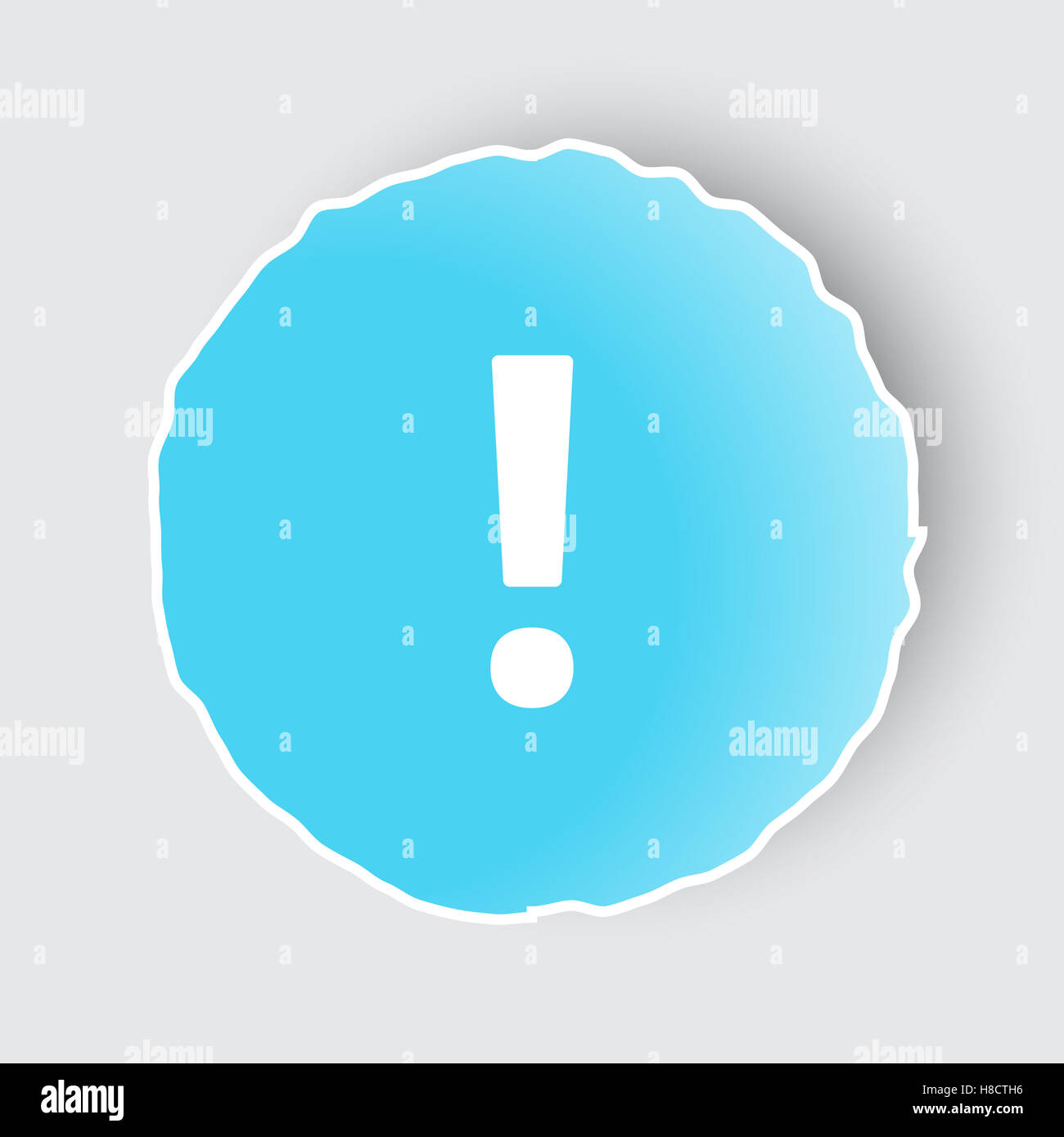 Bouton bleu avec l'icône point d'exclamation sur fond blanc. Banque D'Images