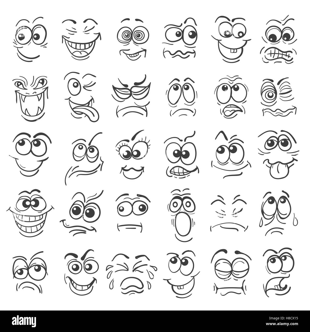 Portrait dessiné de l'émotion. Différentes expressions du visage en style doodle isolé sur blanc. Vector illustration. Illustration de Vecteur