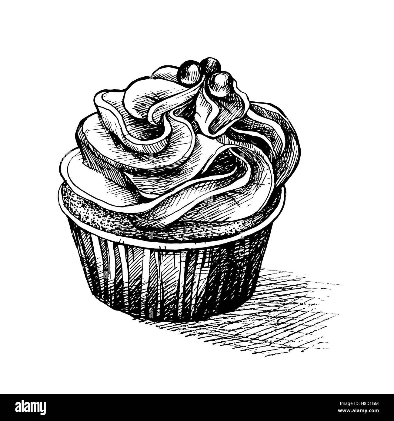 Vector illustration croquis noir et blanc crémeux de cute cupcake sucré avec du glaçage et grand décor comestible.peut être utilisé pour greetin Illustration de Vecteur