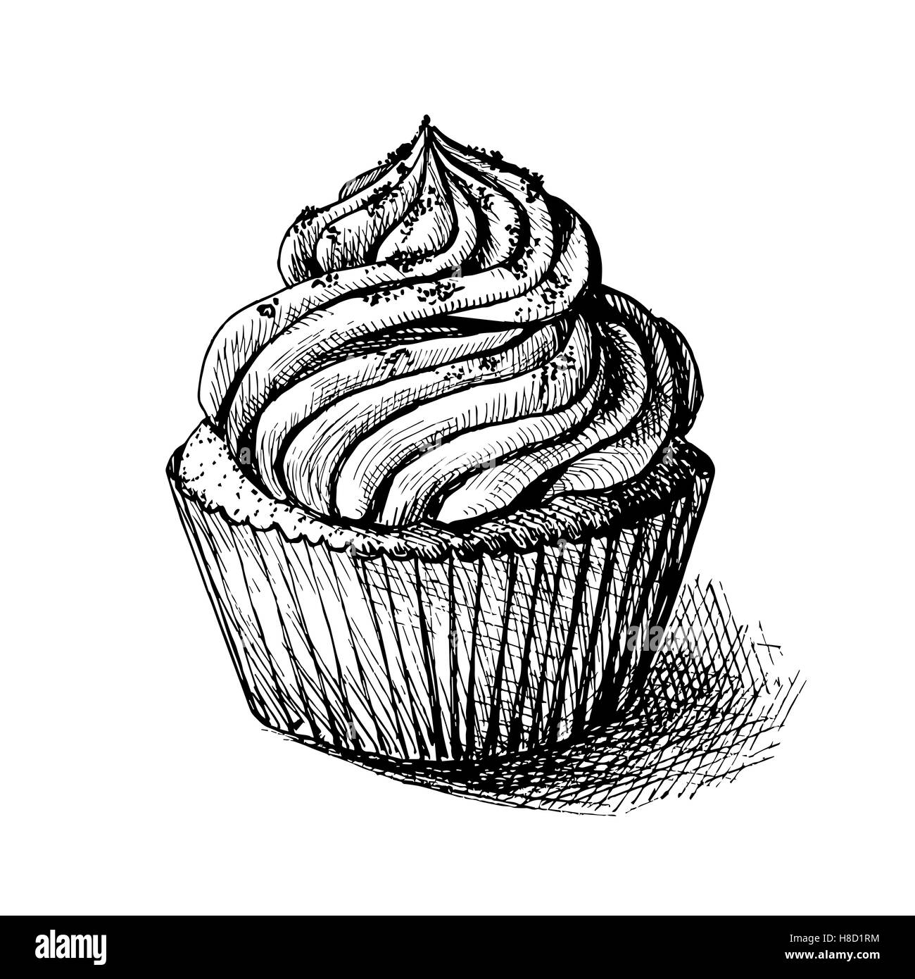 Vector illustration croquis noir et blanc crémeux de cute sweet cupcake. peut être utilisé pour les cartes de vœux ou d'invitations de partie Illustration de Vecteur