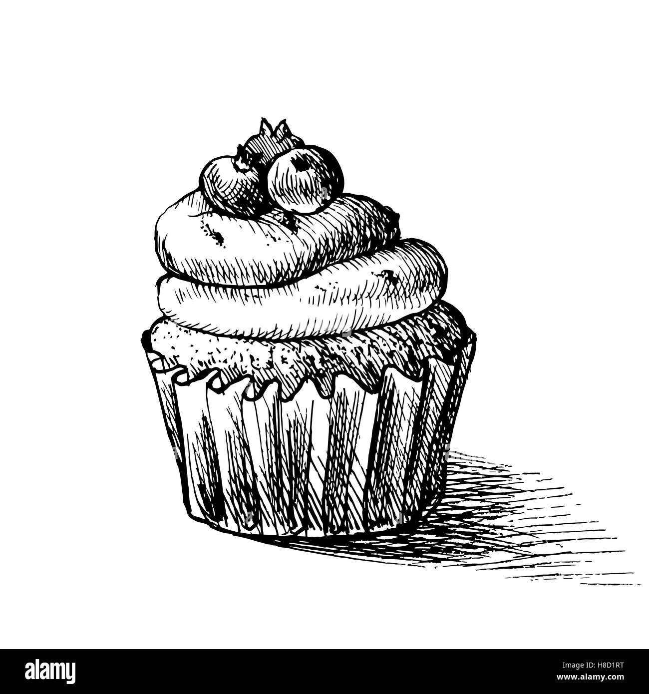 Vector illustration croquis noir et blanc crémeux de cute sweet cupcake. peut être utilisé pour les cartes de vœux ou d'invitations de partie Illustration de Vecteur