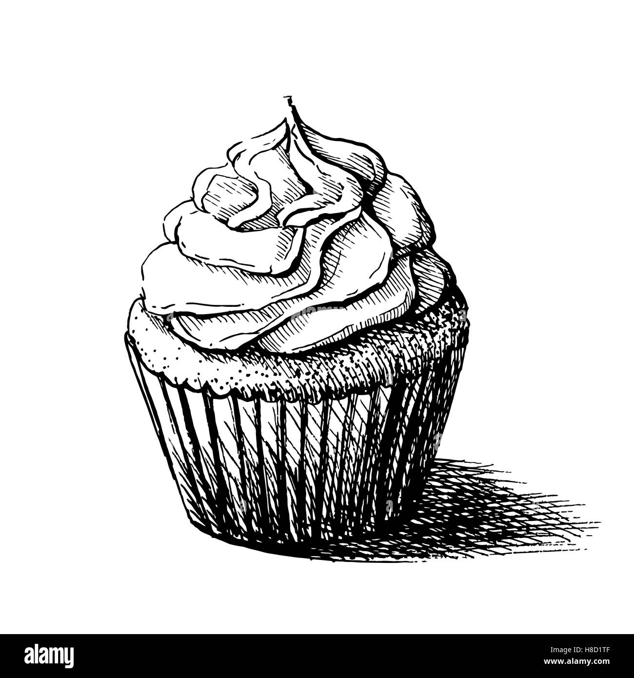Vector illustration croquis noir et blanc crémeux de cute sweet cupcake. peut être utilisé pour les cartes de vœux ou d'invitations de partie Illustration de Vecteur