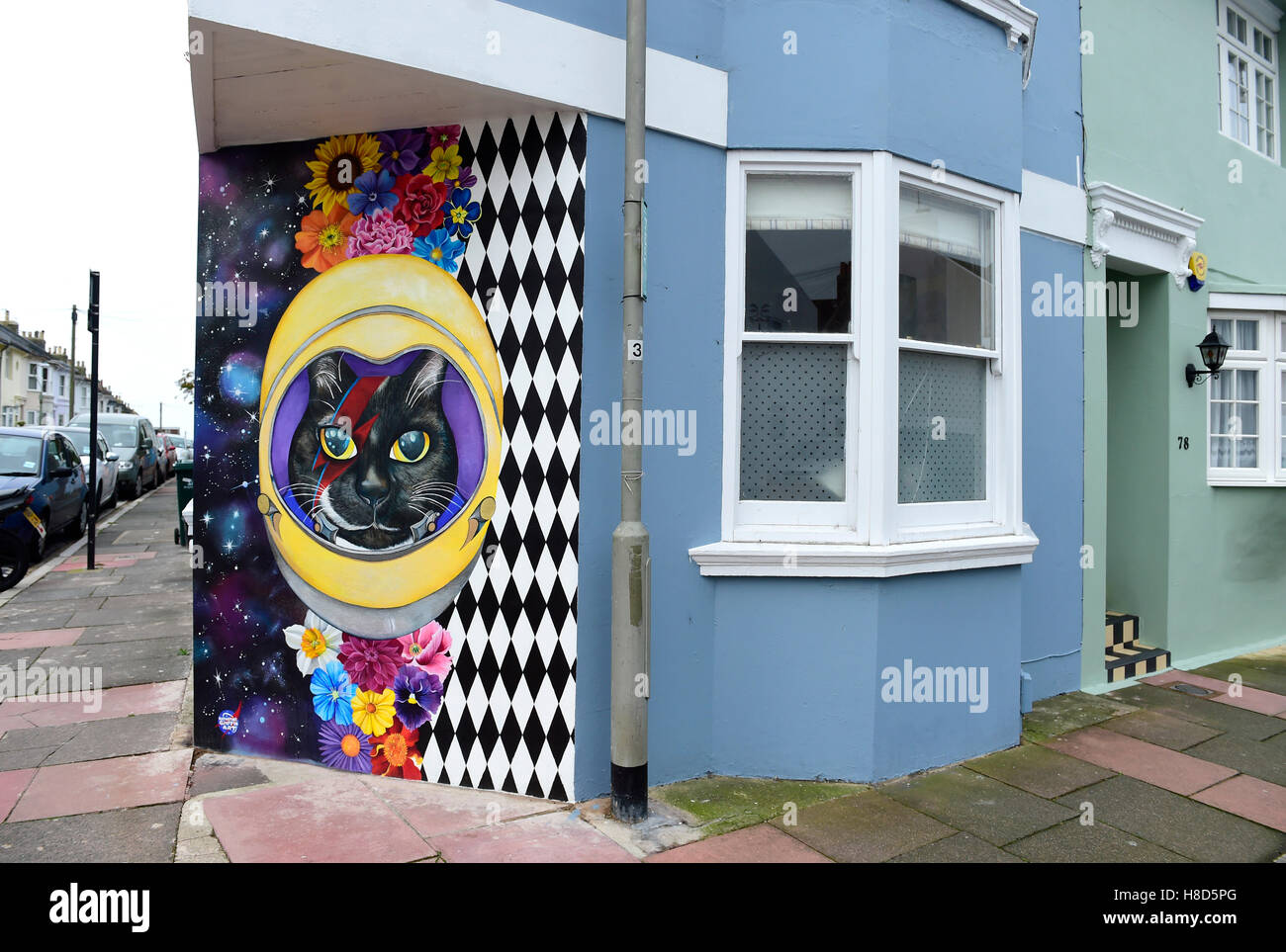 Maison d'angle avec une peinture murale chat peint sur mur à Hanovre district de Brighton UK Banque D'Images