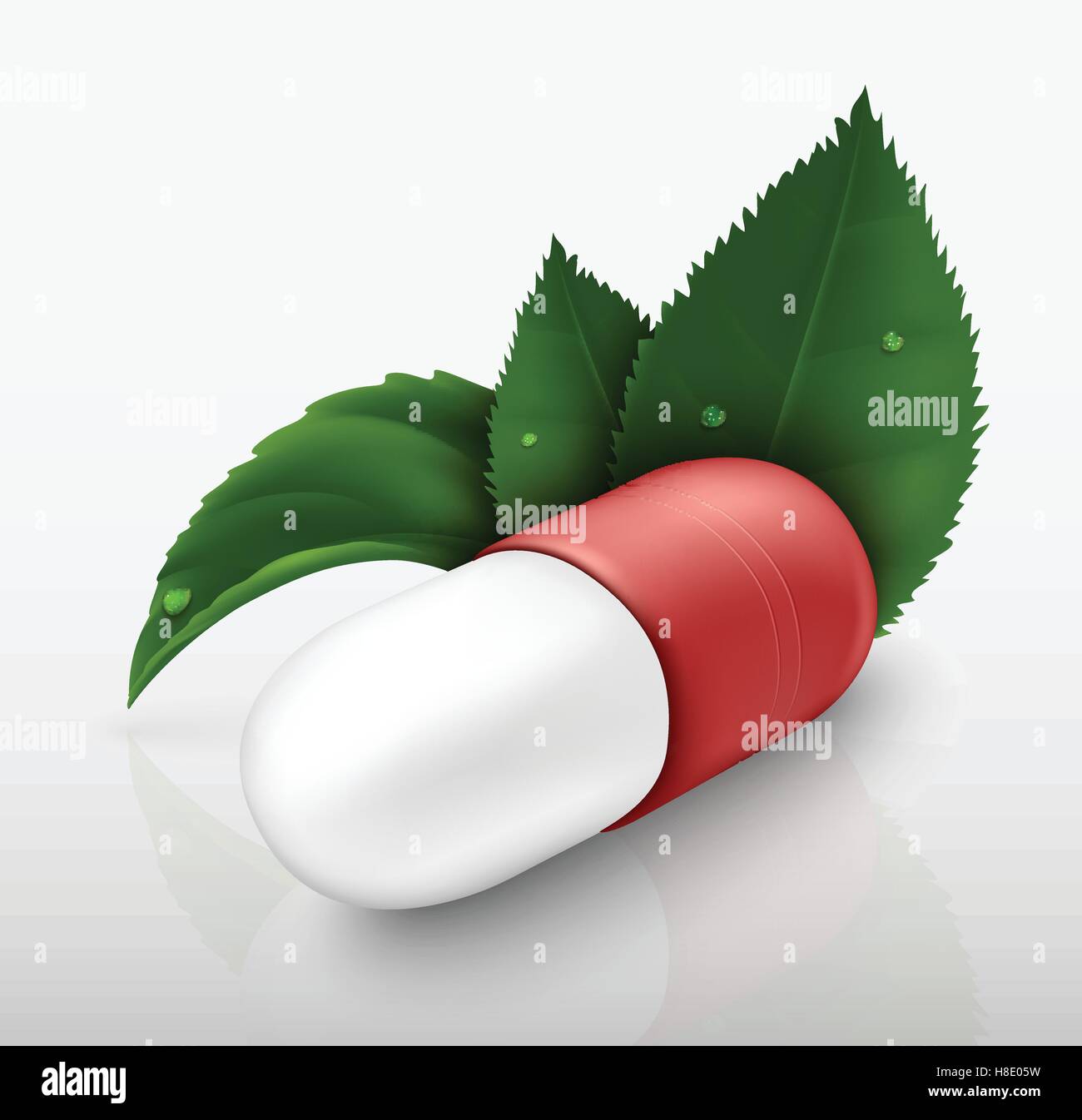 Comprimé capsule avec des feuilles vertes sur fond blanc Illustration de Vecteur
