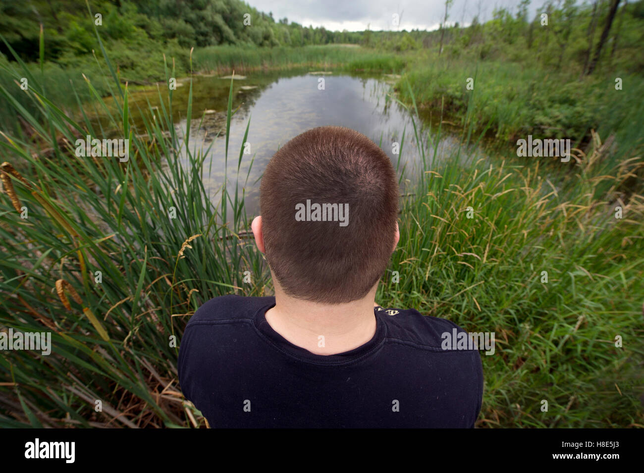 Jeune homme ressemble à un étang naturel dans le sud de l'Ontario Banque D'Images
