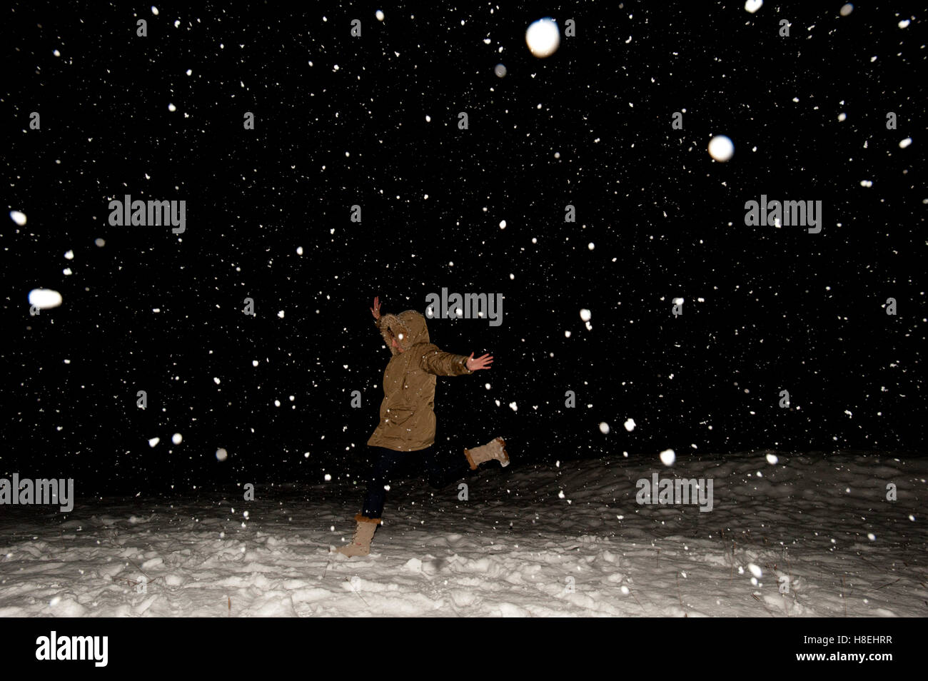 Neige dans la nuit éclairée par un flashgun, Falcade, les Dolomites, Italie, Europe Banque D'Images