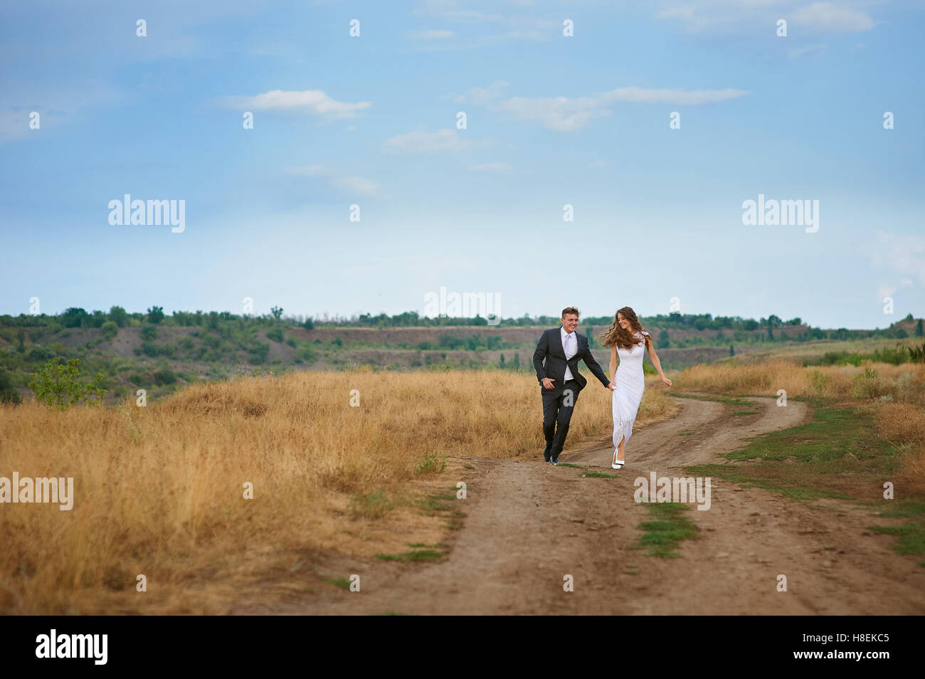 Le marié et la mariée marche sur le champ dans la journée du mariage Banque D'Images