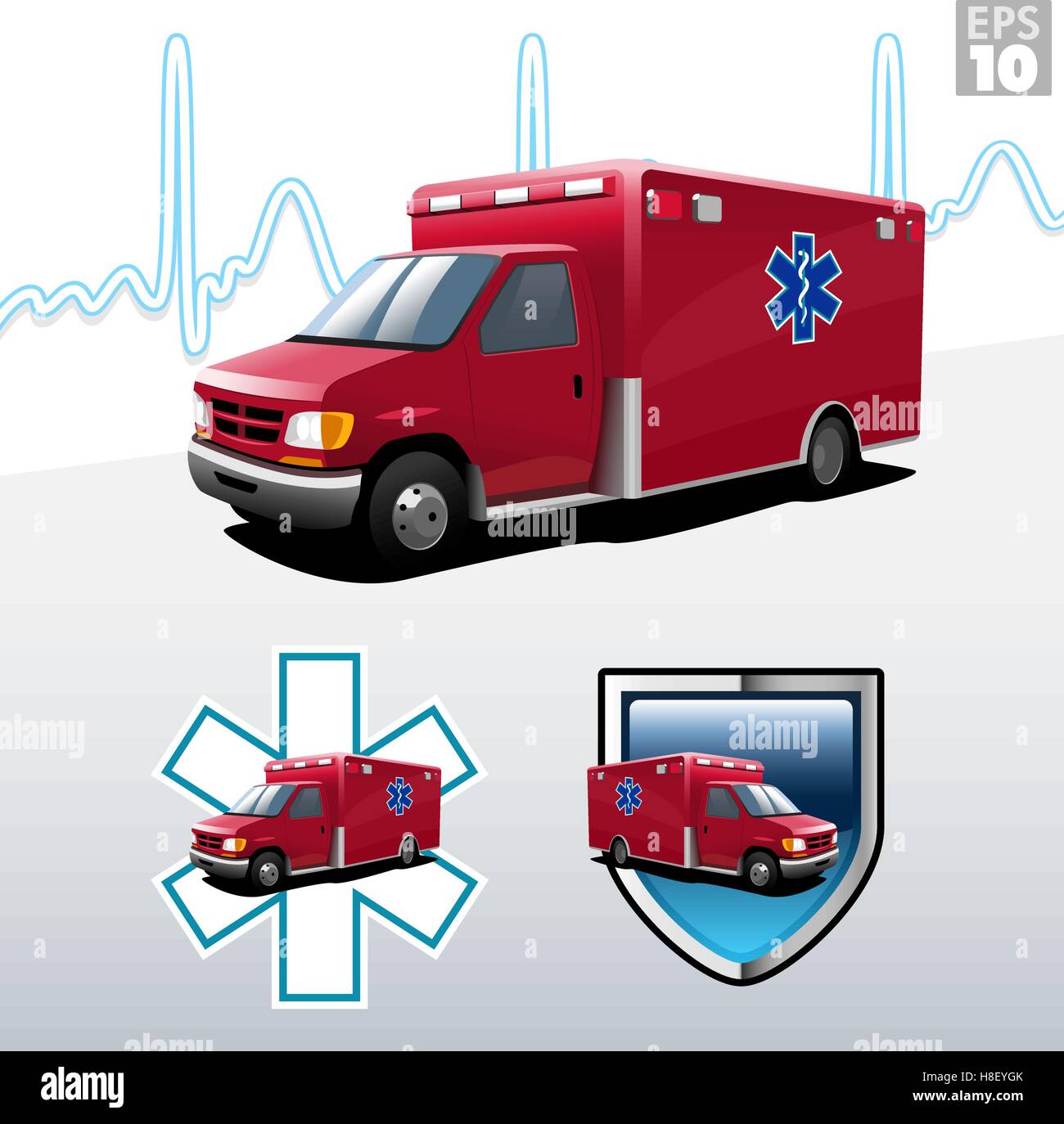 Ambulance avec battement de coeur historique, la protection et l'EMT paramedic symboles Illustration de Vecteur
