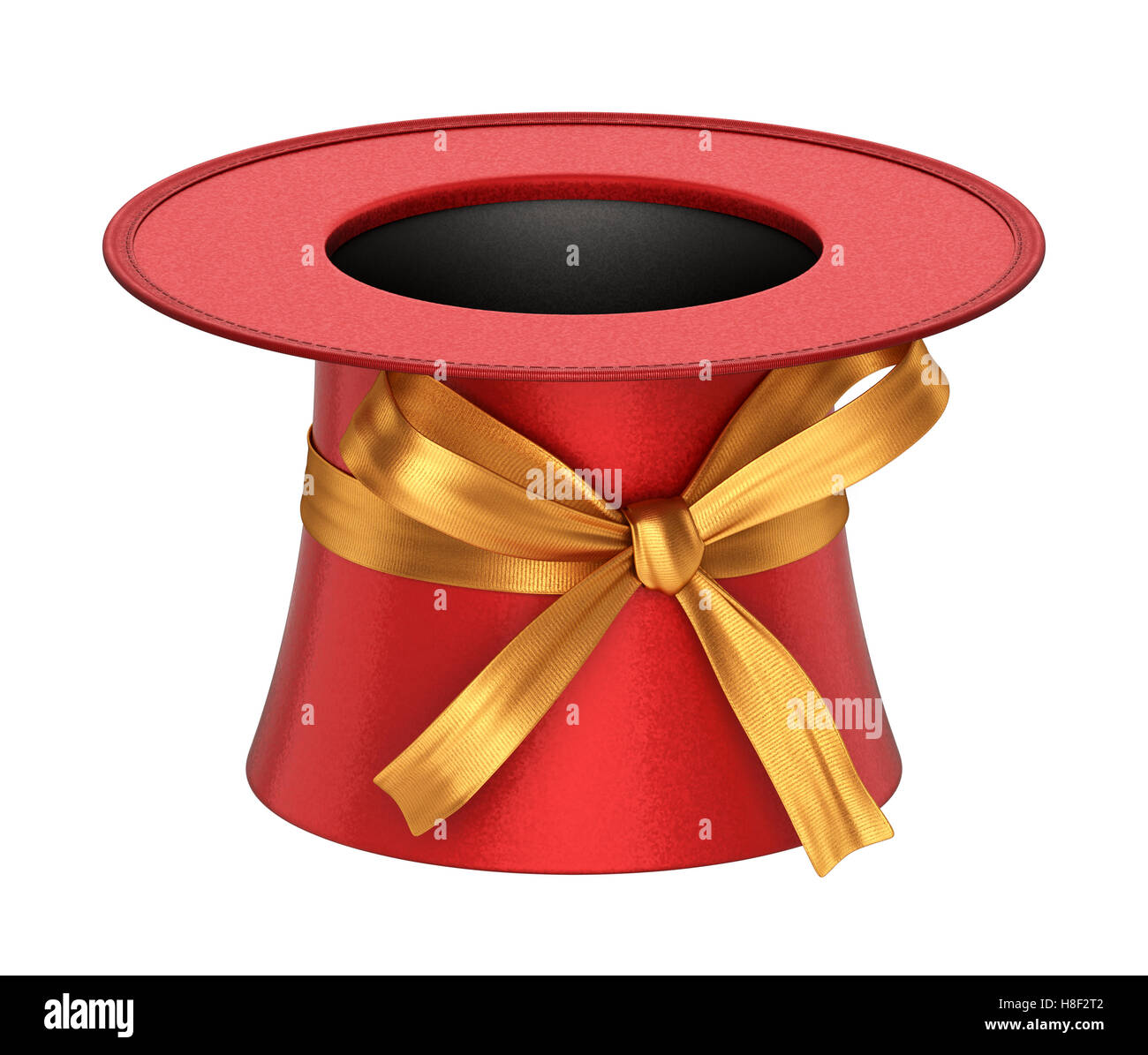 Décoration rouge en rendu 3D top hat avec ruban doré et brillant de surface métallique style flocons Banque D'Images