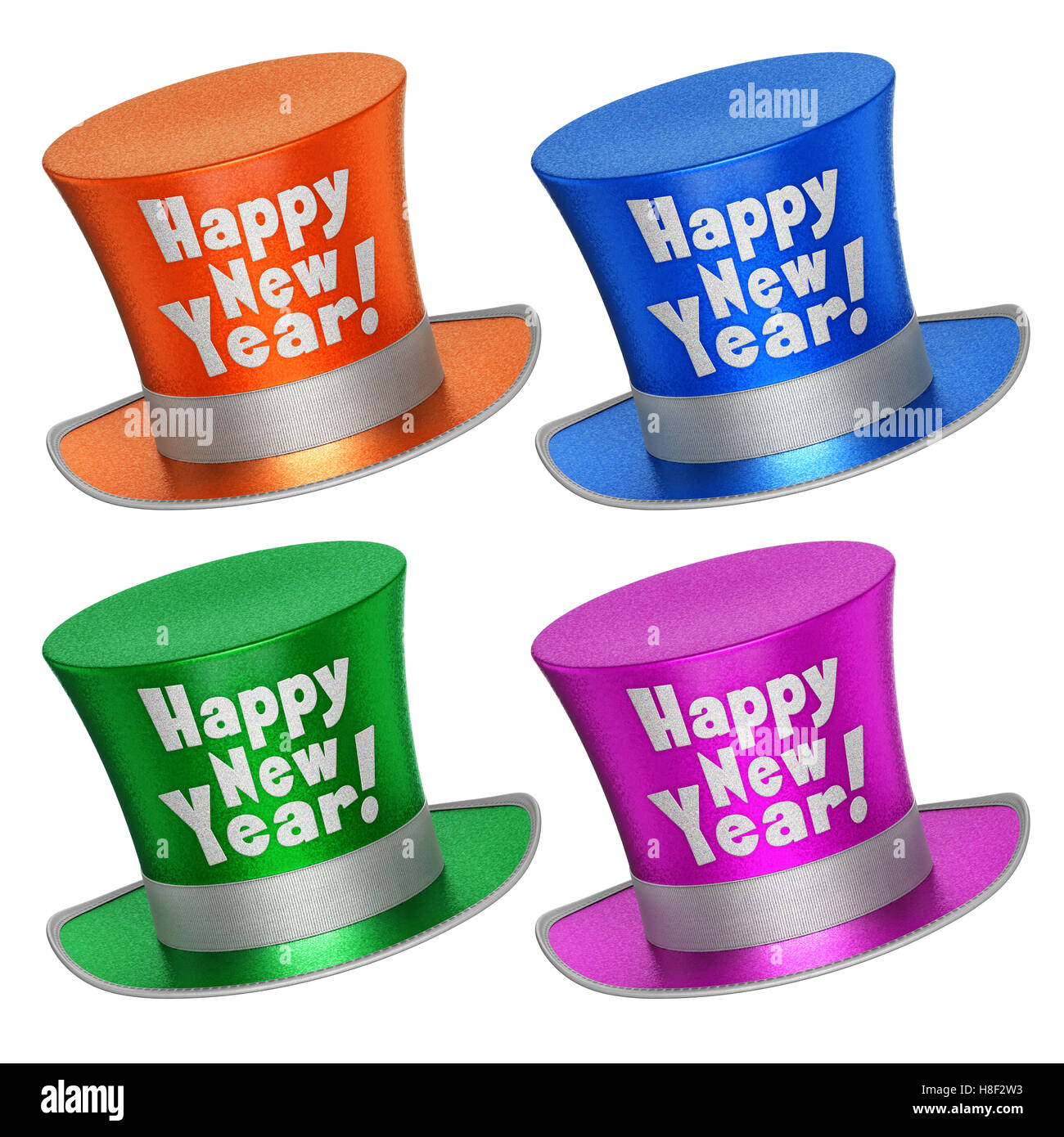 Collection de rendu 3D de couleurs Bonne Année haut de forme avec des flocons de surface métallique brillant style Banque D'Images Collection de rendu 3D de couleurs Bonne Année haut de forme avec des flocons de surface métallique brillant style Banque D'Images