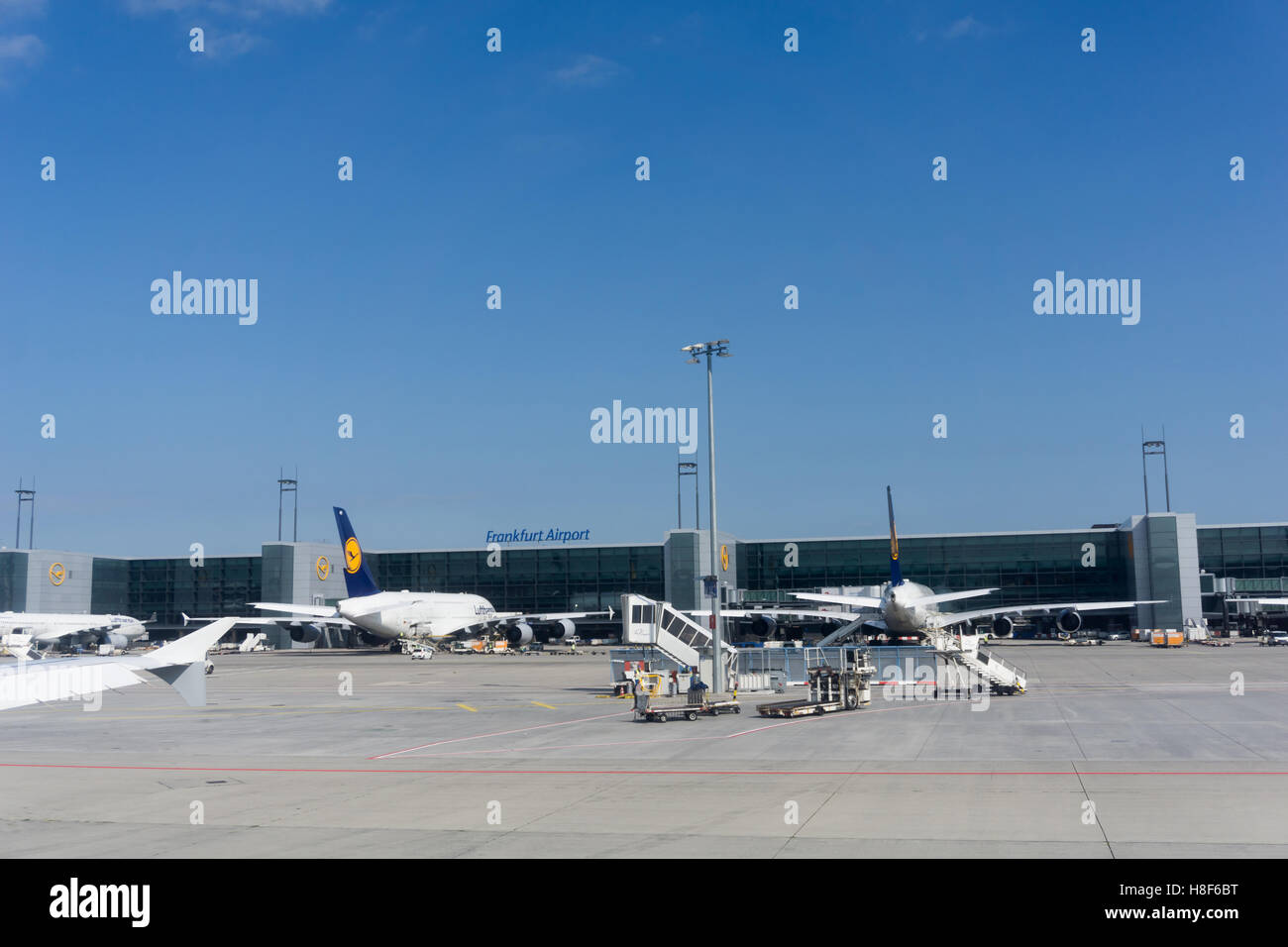 Les avions de la Lufthansa et l'équipement terminal de l'aéroport à l'extérieur de Francfort en Allemagne, le 15 août, 2016 Banque D'Images