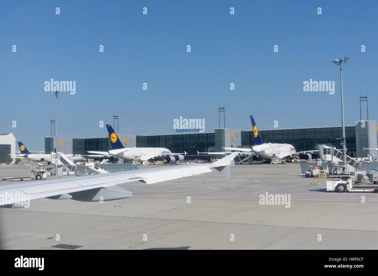 Les avions de la Lufthansa et l'équipement terminal de l'aéroport à l'extérieur de Francfort en Allemagne. Banque D'Images