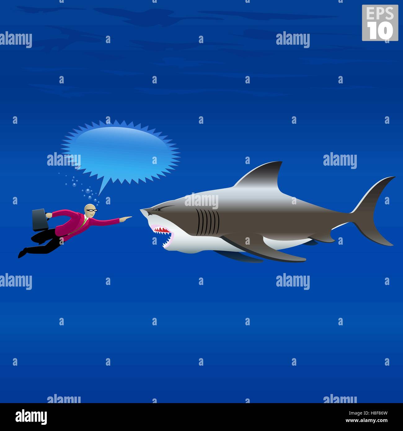 L'homme d'affaires passe à l'extrême pour vendre une idée, l'underwater pitching à un grand requin blanc Illustration de Vecteur
