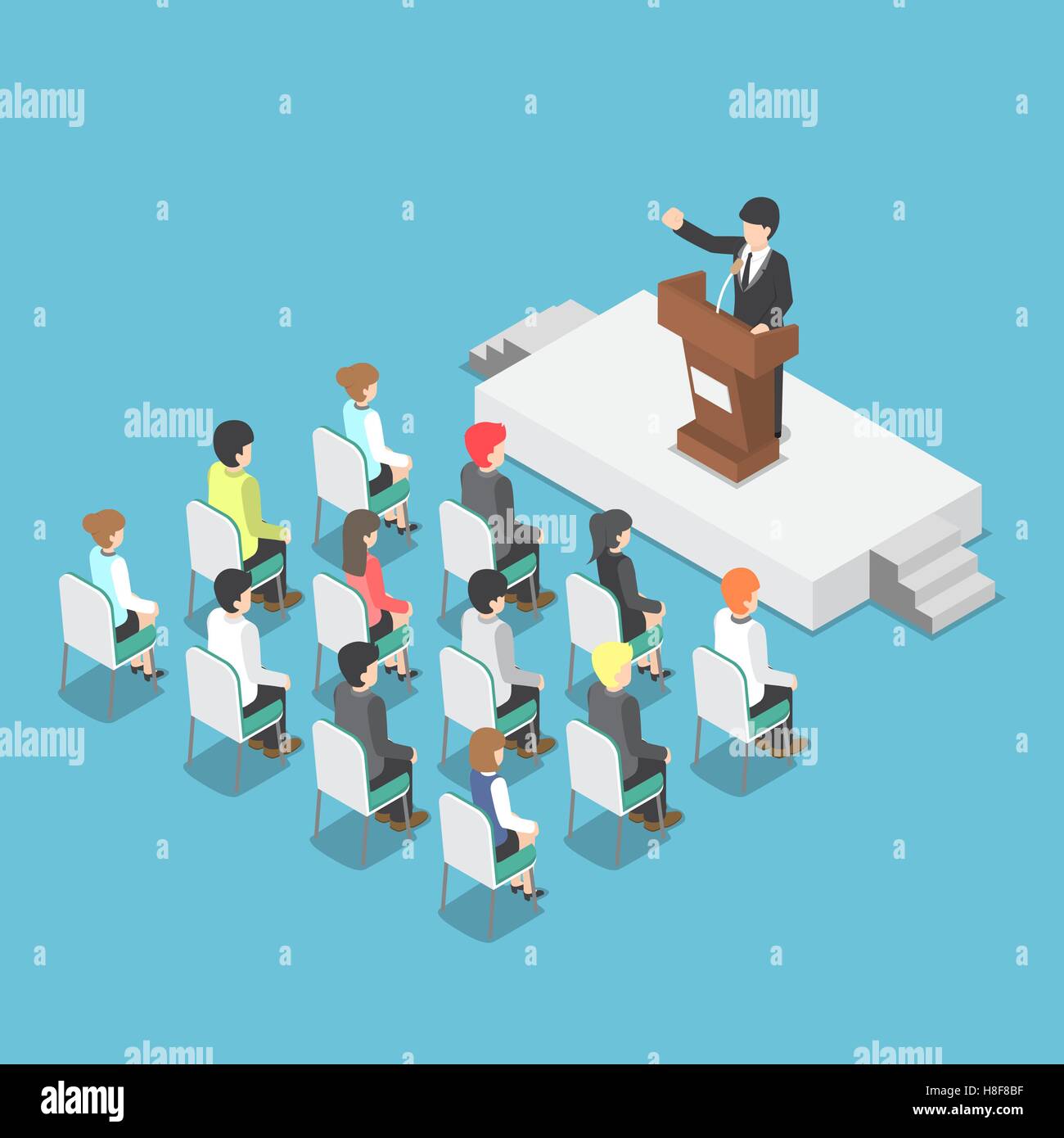 Businessman speaking isométrique sur un podium dans une conférence publique, le président, une réunion d'affaires concept Illustration de Vecteur