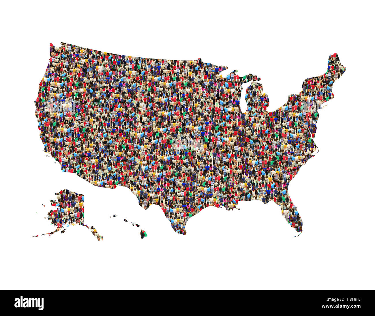 Carte des USA avec foule de différentes personnes isolées sur le livre blanc Banque D'Images