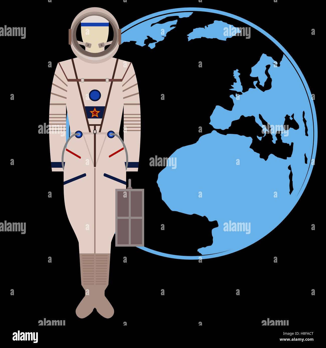 Le costume de l'espace sur l'arrière-plan de la Terre. L'illustration sur un fond noir. Banque D'Images